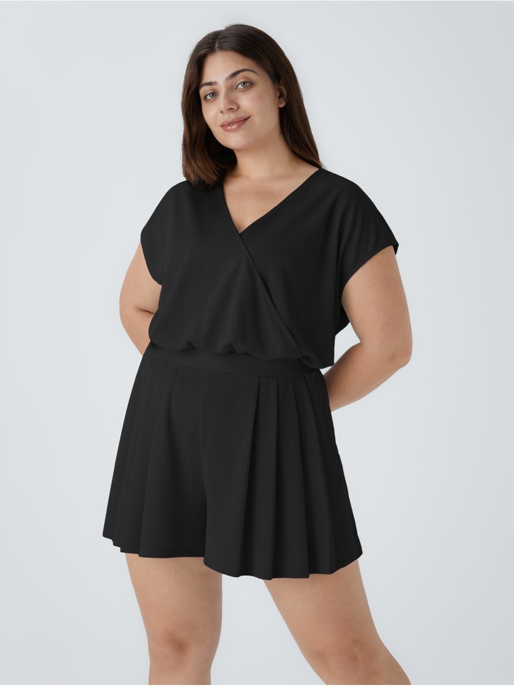 Halara V~Neck SS Pocket Waffle Weave
Romper Easy Peezy SZ XL Black Pleated Short